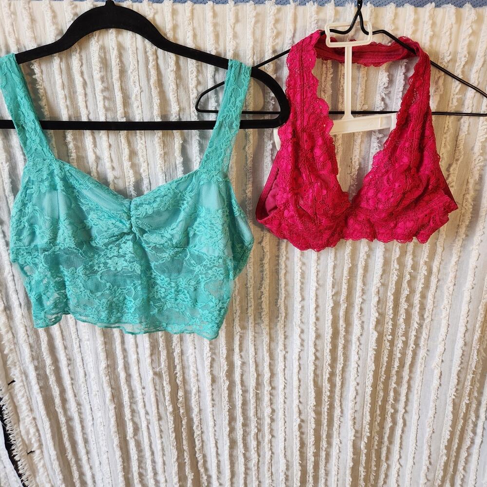 Halter Bralette Bundle Sz XS Free People Stretch Lace Pink & Unbranded Blue Sz S